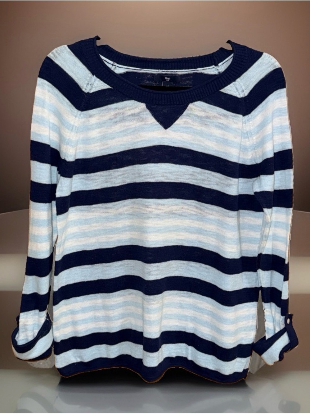 GAP Women’s Navy & Light Blue Striped Crewneck Knit Sweater w/Roll Tab Sl-S-EC